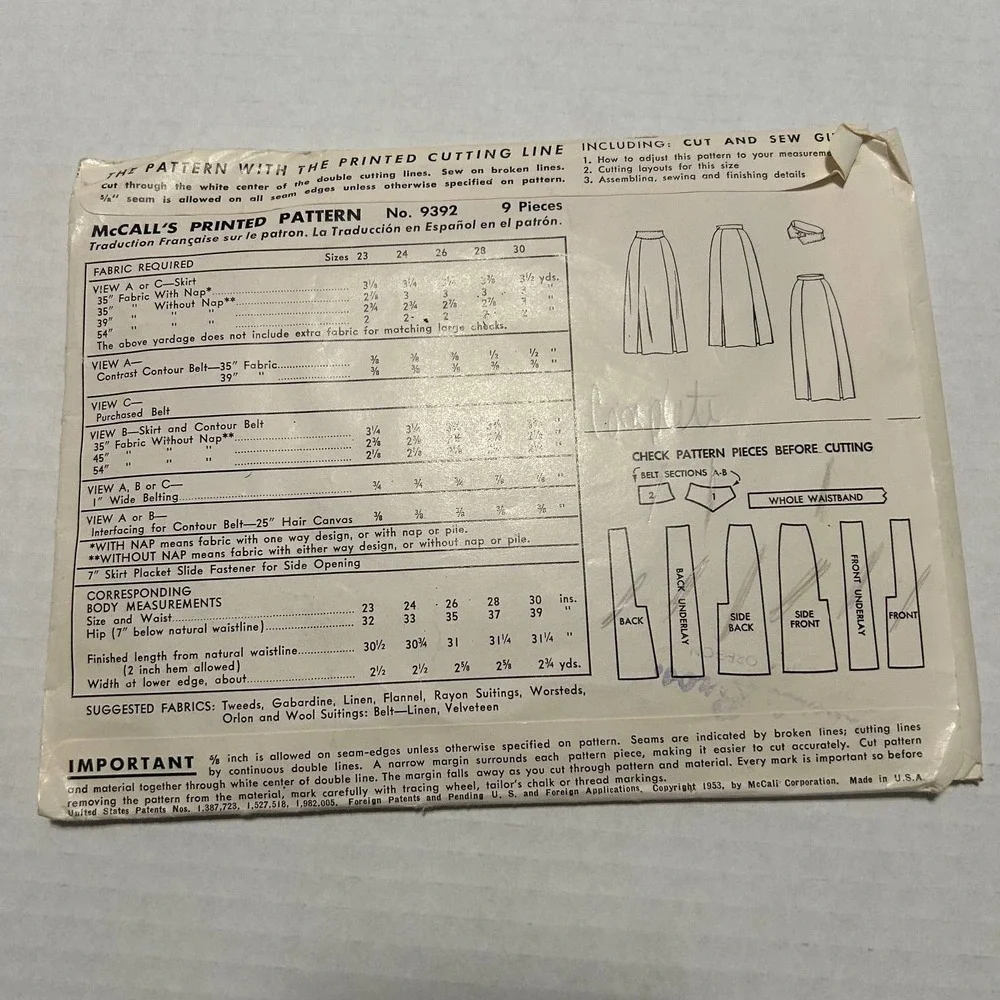 McCalls Vintage 1950's Pattern #9392 Skirt with Belt‎ Size 30 Waist